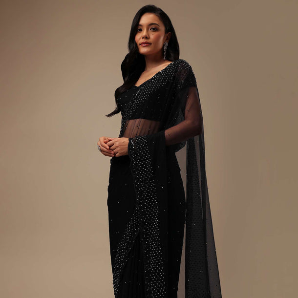 Black Stone And Beads Embellished Net Saree