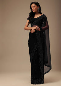 Black Stone And Beads Embellished Net Saree