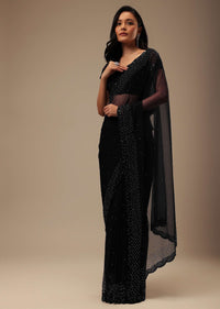 Black Stone And Beads Embellished Net Saree