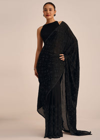 Black Stone Embroidered Satin Saree With Unstitched Blouse