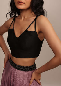 Black Strappy Sleeveless Raw Silk Blouse With V Neckline