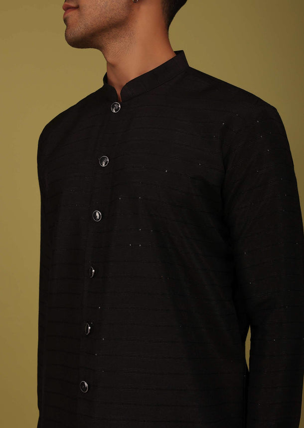 Black Striped Art Silk Kurta