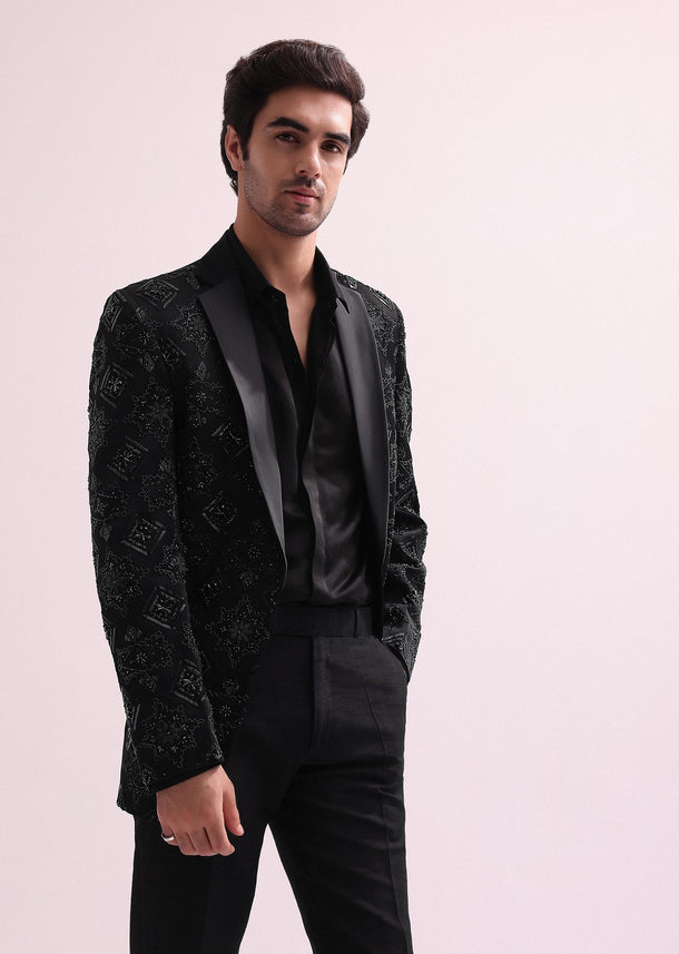 Black Stylized Cut Lapel Tuxedo With Shirt And Pants