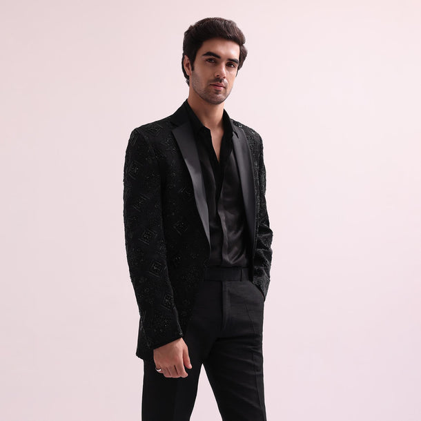 Black Stylized Cut Lapel Tuxedo With Shirt And Pants