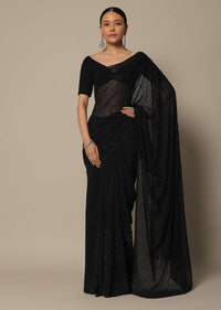 Black Swarovski Studded Saree With Unstitched Blouse Piece