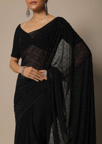 Black Swarovski Studded Saree With Unstitched Blouse Piece