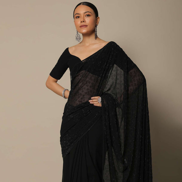 Black Swarovski Studded Saree With Unstitched Blouse Piece