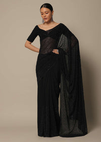 Black Swarovski Studded Saree With Unstitched Blouse Piece