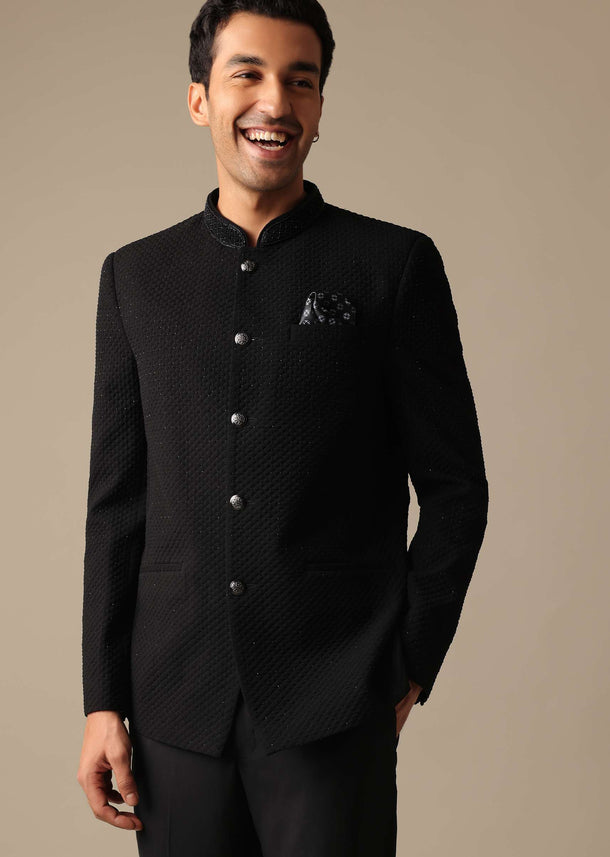 Black Jodhpuri Textured Bandhgala And Pant Set