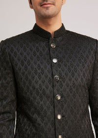 Black Textured Sherwani With Classic Button Detailing