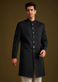 Black Textured Sherwani With Classic Button Detailing