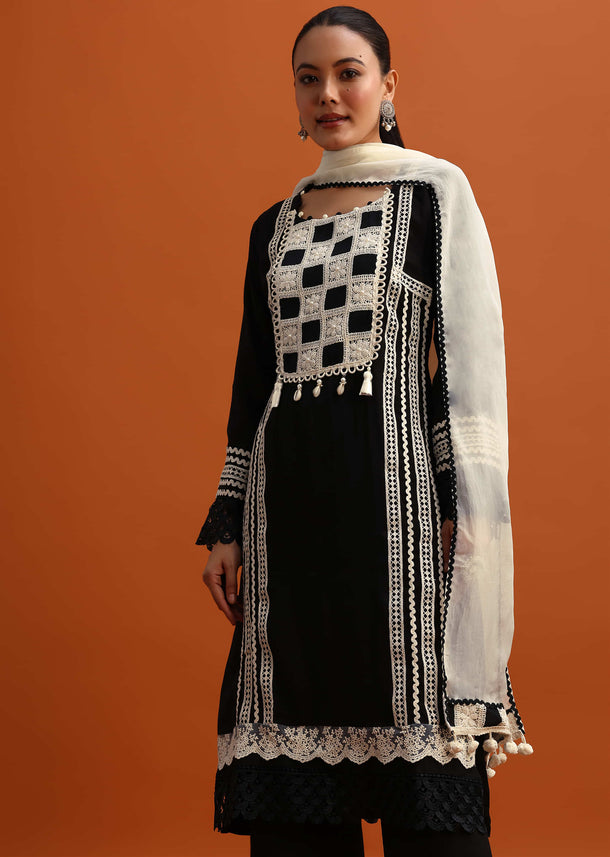 Black Thread Work Kurta Palazzo Set With Dupatta