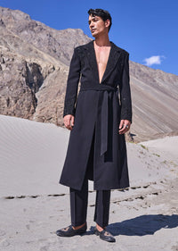 Black Trench Coat With Wrapped Up Belt In Hand Embroidery