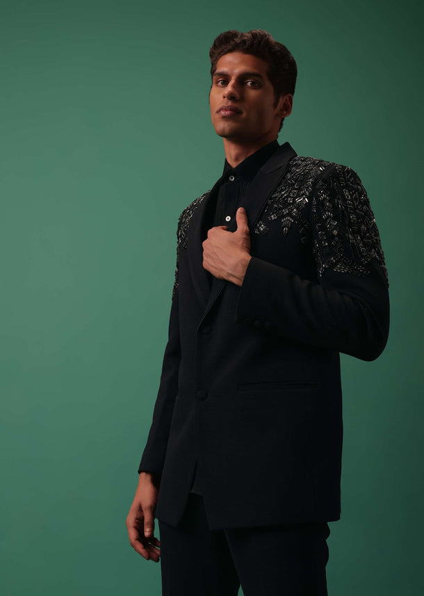 Mid Night Blue Tuxedo And Shirt Set With Hand Embroidery