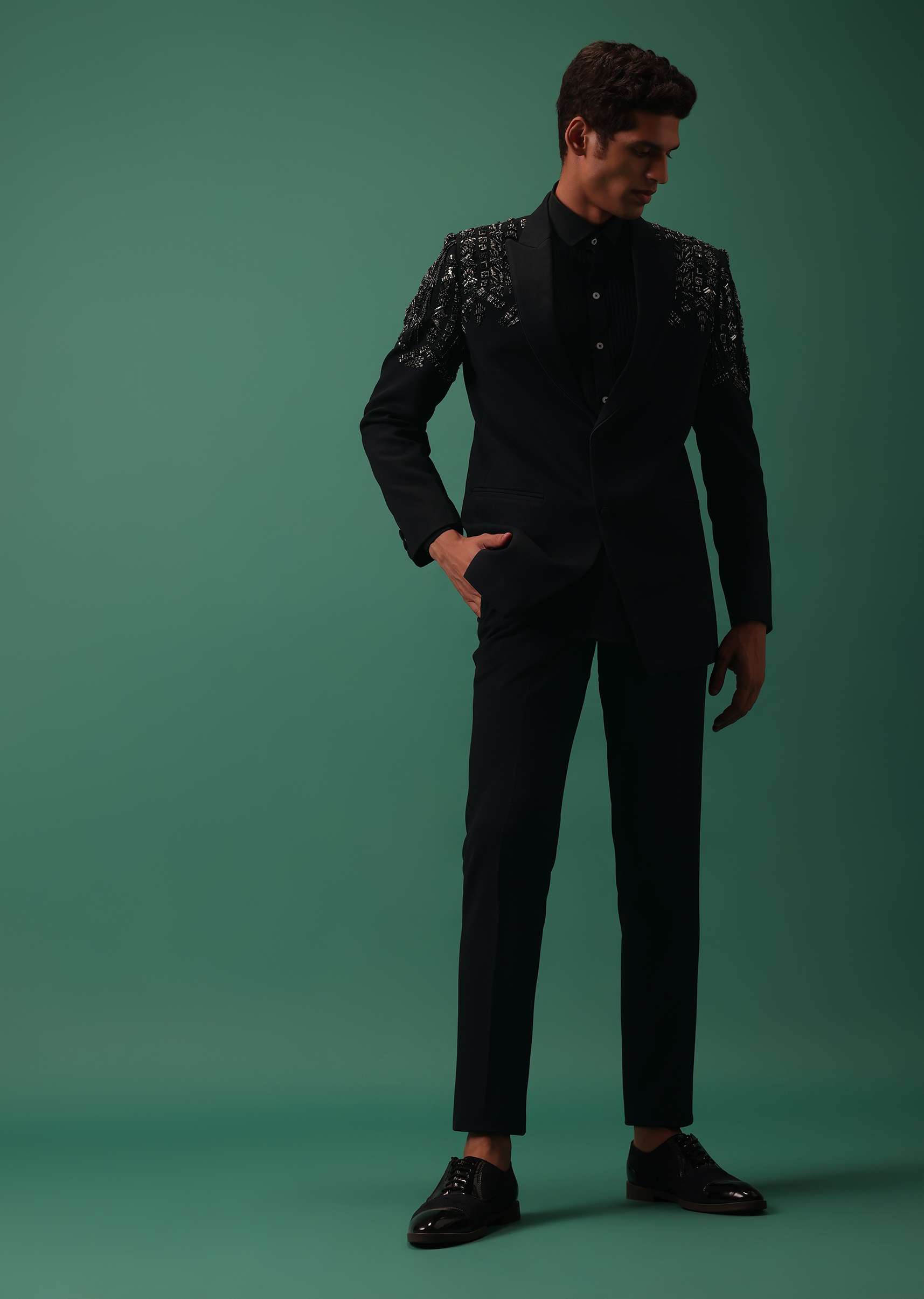 Mid Night Blue Tuxedo And Shirt Set With Hand Embroidery