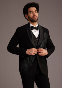 Black Tuxedo With Beaded Embellishments And Satin Lapel