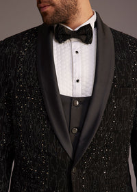 Black Tuxedo With Embellished Jacket And Satin Lapel