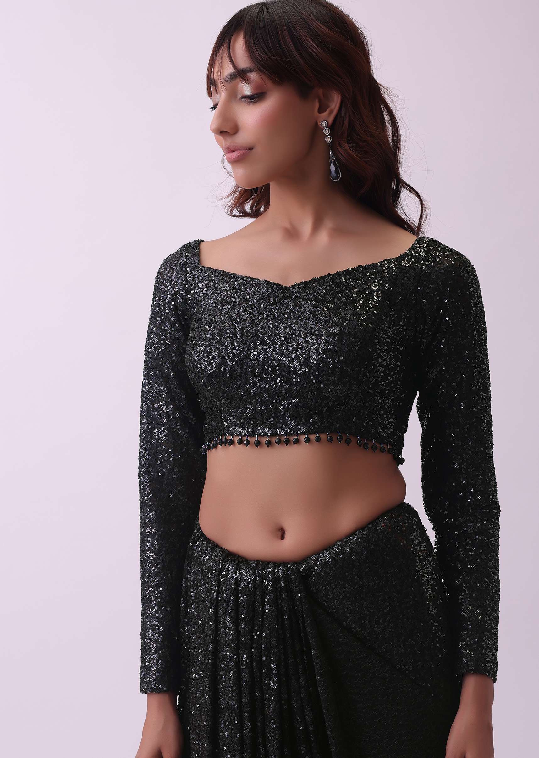 Black Sequins Saree And Blouse With Crystal Detailing
