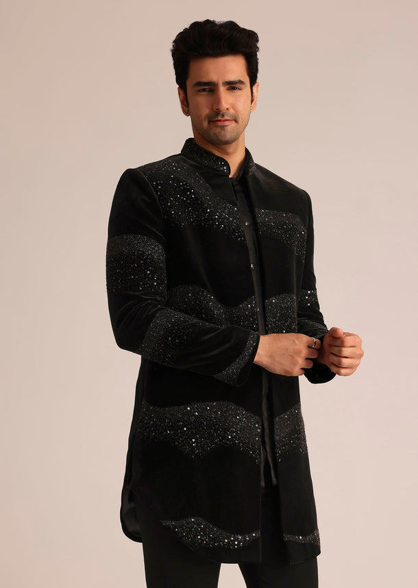 Black Velvet Indo Western Set With Zardosi Detailing