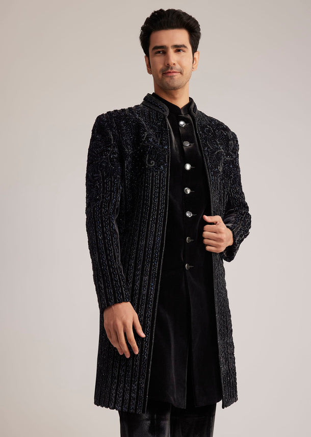 Black Velvet Indowestern Set With Cut Dana Embellishment