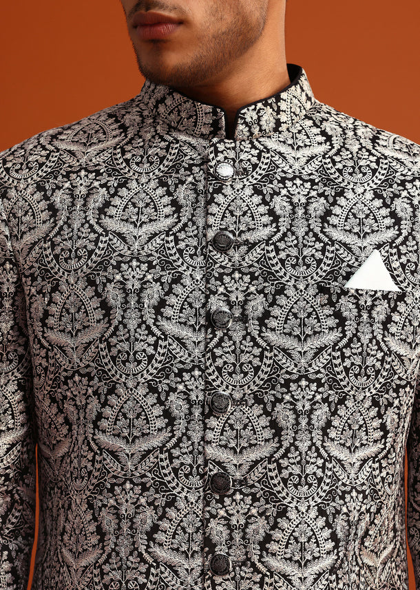 Black Velvet Sherwani And Kurta Set With Kashmiri Work