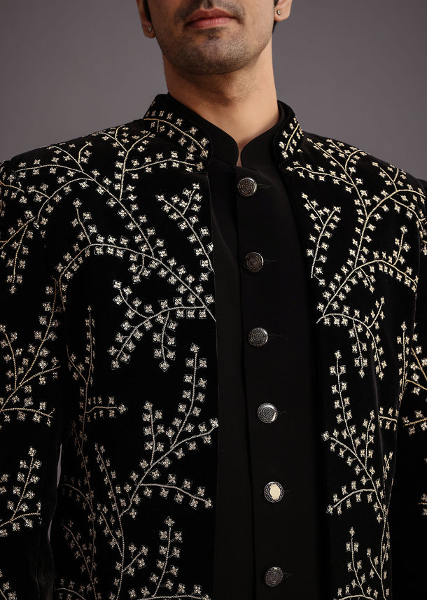 Black Velvet Zari Embroidered Indowestern Trouser Suit