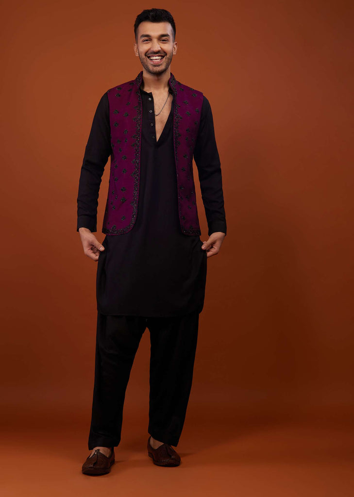 Black With Burgundy Purple Embroidered Cotton Silk Bandi Jacket Set