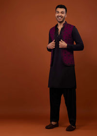 Black With Burgundy Purple Embroidered Cotton Silk Bandi Jacket Set