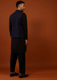 Black With Navy Blue Embroidered Bandi Jacket Set In Cotton Silk