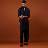 Black With Navy Blue Embroidered Bandi Jacket Set In Cotton Silk