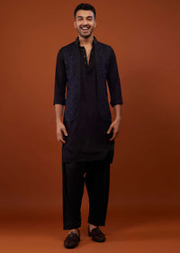 Black With Navy Blue Embroidered Bandi Jacket Set In Cotton Silk