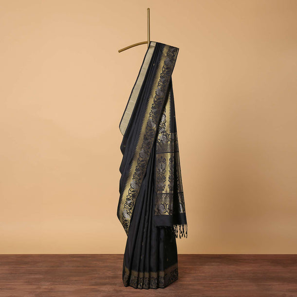 Black Woven South Silk Saree With Gold Floral Motif And Unstitched Blouse Piece