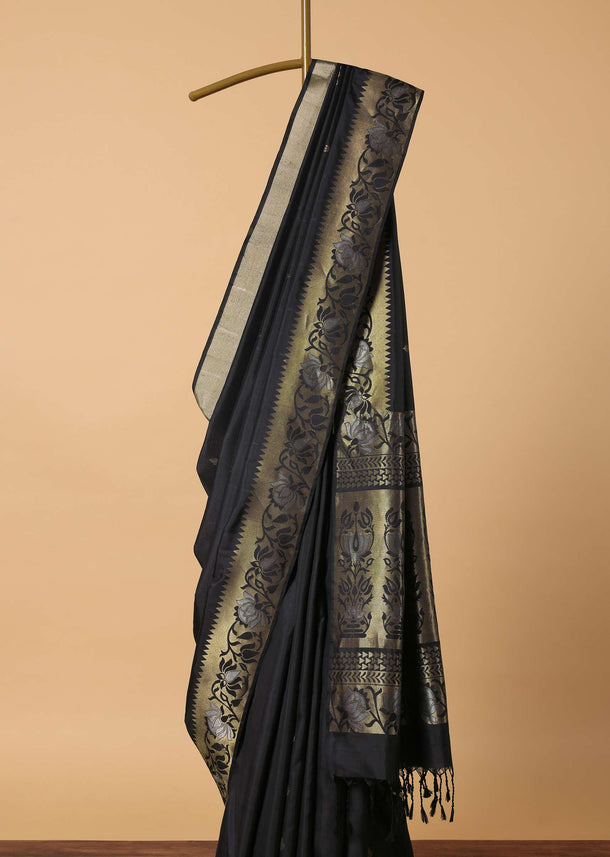 Black Woven South Silk Saree With Gold Floral Motif And Unstitched Blouse Piece