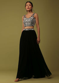 Black Zardosi Embellished Crop Top And Palazzo Set With Jacket