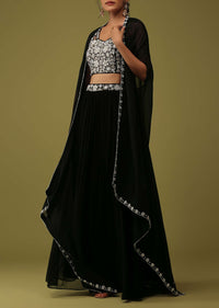 Black Zardosi Embellished Crop Top And Palazzo Set With Jacket