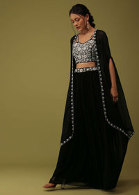 Black Zardosi Embellished Crop Top And Palazzo Set With Jacket