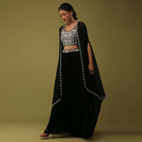 Black Zardosi Embellished Crop Top And Palazzo Set With Jacket