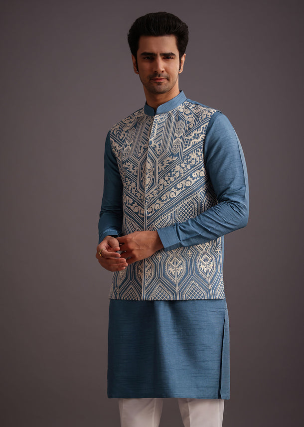 Ble Embroidered Silk Jacket Kurta Set