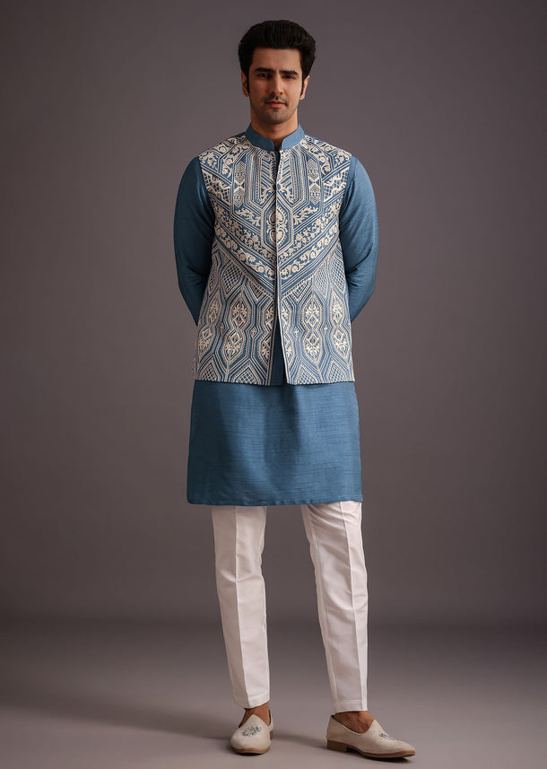 Ble Embroidered Silk Jacket Kurta Set