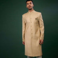 Beige Brown Thread Embroidered Sherwani Set In Raw Silk