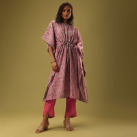 Block Printed Cream Kaftan And Tomato Red Pant In Silk