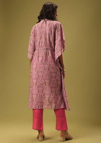 Block Printed Cream Kaftan And Tomato Red Pant In Silk