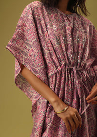 Block Printed Cream Kaftan And Tomato Red Pant In Silk