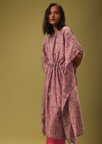 Block Printed Cream Kaftan And Tomato Red Pant In Silk