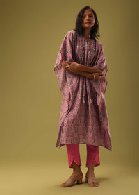 Block Printed Cream Kaftan And Tomato Red Pant In Silk