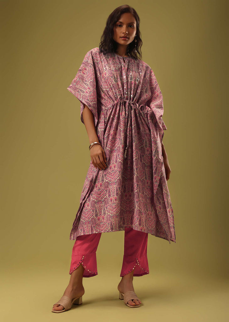 Block Printed Cream Kaftan And Tomato Red Pant In Silk