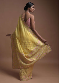 Blonde Yellow Banarasi Saree In Cotton Silk With Weaved Buttis And Mesh Pattern On The Border Online - Kalki Fashion