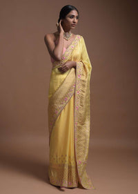 Blonde Yellow Banarasi Saree In Cotton Silk With Weaved Buttis And Mesh Pattern On The Border Online - Kalki Fashion