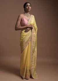 Blonde Yellow Banarasi Saree In Cotton Silk With Weaved Buttis And Mesh Pattern On The Border Online - Kalki Fashion