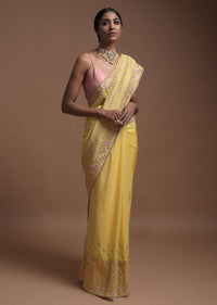 Blonde Yellow Banarasi Saree In Cotton Silk With Weaved Buttis And Mesh Pattern On The Border Online - Kalki Fashion